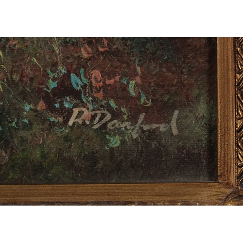 2127 - R Danford - Deer before a landscape, 20th century oil on canvas, signed, framed, 39cm x 29cm.
