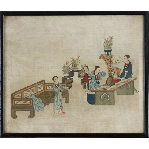 440 - Chinese painting on silk depicting females at a vanity table, framed and glazed, 23cm x 28cm excludi... 