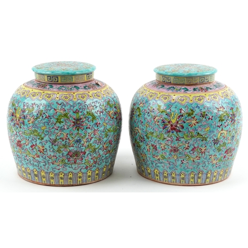37 - Peranakan Straits or Nonya Straits type porcelain, pair of large Chinese jars and covers hand painte... 