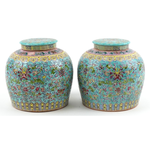 37 - Peranakan Straits or Nonya Straits type porcelain, pair of large Chinese jars and covers hand painte... 