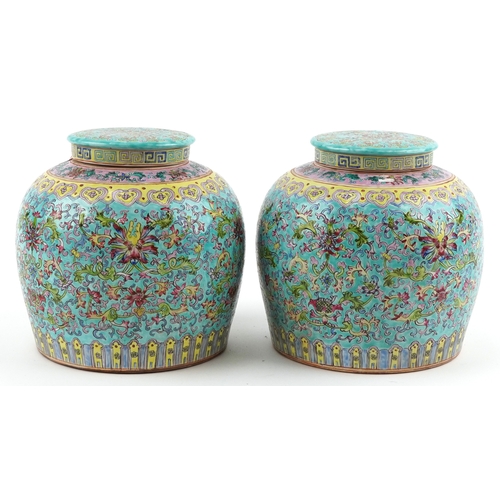 37 - Peranakan Straits or Nonya Straits type porcelain, pair of large Chinese jars and covers hand painte... 