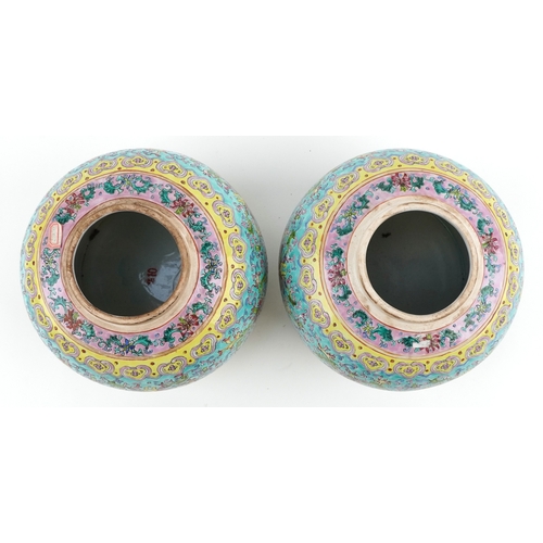 37 - Peranakan Straits or Nonya Straits type porcelain, pair of large Chinese jars and covers hand painte... 