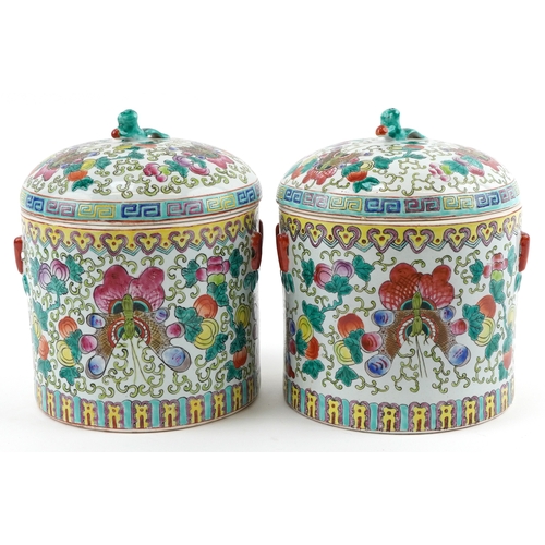 84 - Peranakan Straits or Nonya Straits type porcelain, pair of Chinese cylindrical jars and covers hand ... 