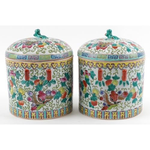84 - Peranakan Straits or Nonya Straits type porcelain, pair of Chinese cylindrical jars and covers hand ... 