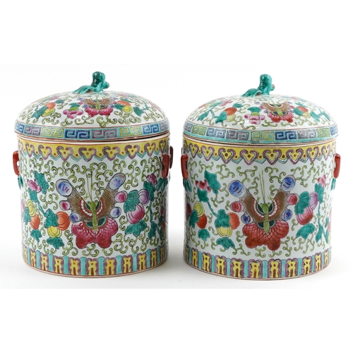 84 - Peranakan Straits or Nonya Straits type porcelain, pair of Chinese cylindrical jars and covers hand ... 