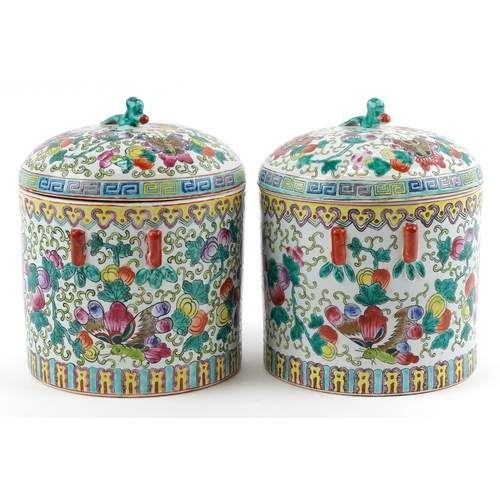 84 - Peranakan Straits or Nonya Straits type porcelain, pair of Chinese cylindrical jars and covers hand ... 