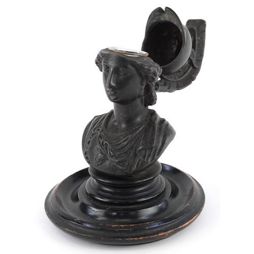 7 - Grand Tour style bronzed bust of Athena inkwell with glass liner, raised on an ebonised base, 22cm h... 
