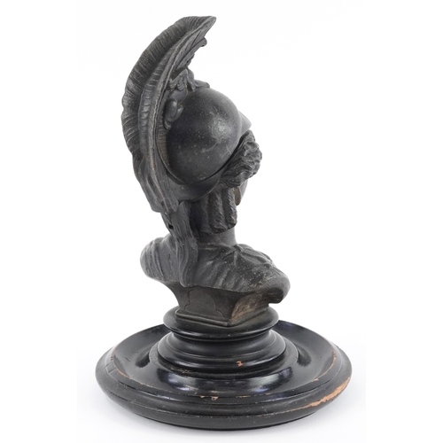 7 - Grand Tour style bronzed bust of Athena inkwell with glass liner, raised on an ebonised base, 22cm h... 