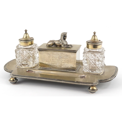 525 - Victorian Mappin Brothers silver plated desk stand with a pair of cut crystal inkwells, mounted with... 