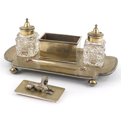 525 - Victorian Mappin Brothers silver plated desk stand with a pair of cut crystal inkwells, mounted with... 