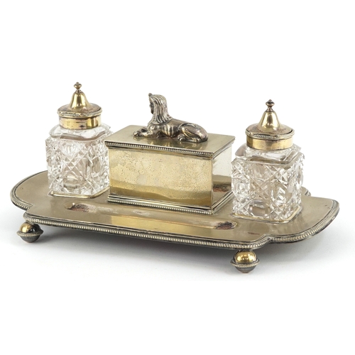 525 - Victorian Mappin Brothers silver plated desk stand with a pair of cut crystal inkwells, mounted with... 