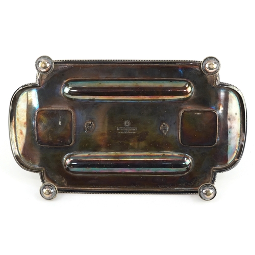 525 - Victorian Mappin Brothers silver plated desk stand with a pair of cut crystal inkwells, mounted with... 