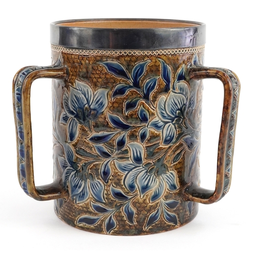 138 - Doulton Lambeth, Victorian silver mounted stoneware tyg decorated with foliage, impressed marks to t... 