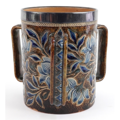 138 - Doulton Lambeth, Victorian silver mounted stoneware tyg decorated with foliage, impressed marks to t... 