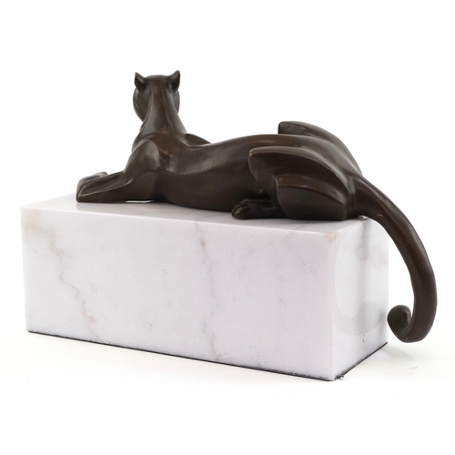 3 - Art Deco style bronze study of a panther raised on a marble base, 19cm high x 30cm wide.