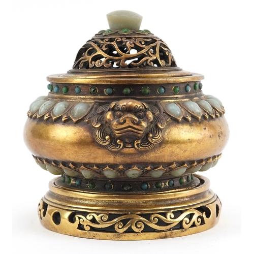 50 - Chinese patinated bronze censer and cover having applied cabochon green stones and Foo dog handles, ... 