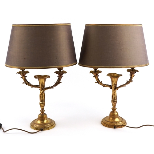 11 - Pair of 19th century French ormolu two branch naturalistic table lamps with shades, 58cm high.