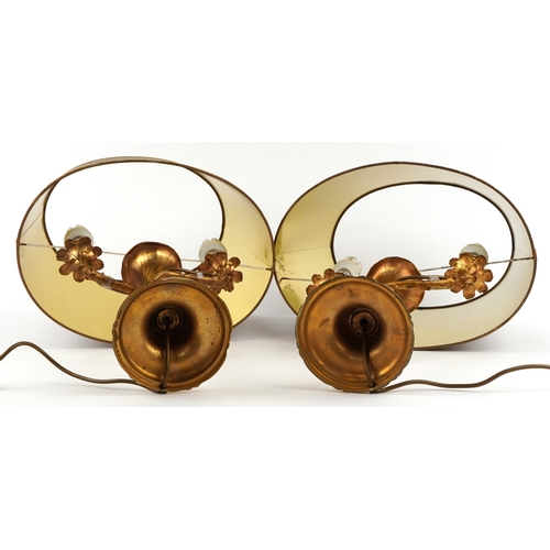11 - Pair of 19th century French ormolu two branch naturalistic table lamps with shades, 58cm high.