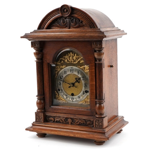 78 - Early 20th century German oak cased bracket clock having gilt dial, silvered chapter ring with Arabi... 