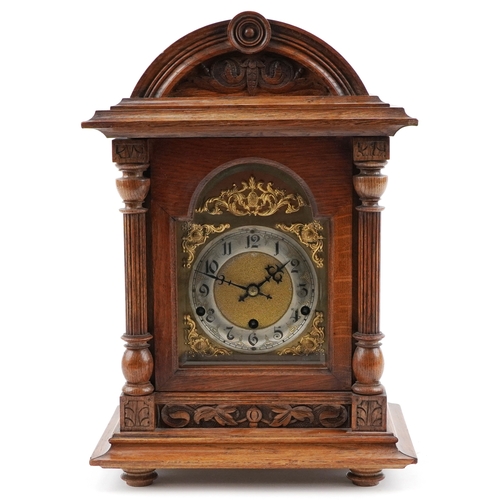 78 - Early 20th century German oak cased bracket clock having gilt dial, silvered chapter ring with Arabi... 