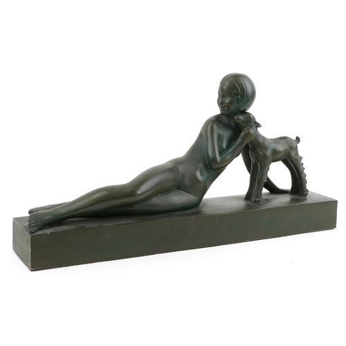 105 - Art Deco verdigris terracotta model of a recumbent nude female with a lamb, 70cm wide