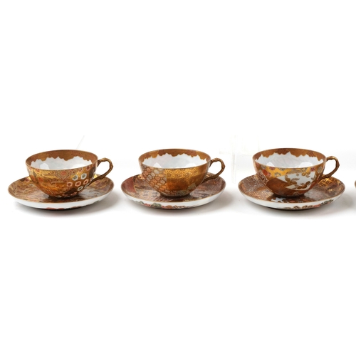 52 - Japanese Satsuma eggshell six place tea service finely hand painted with dragons and foliage, charac... 