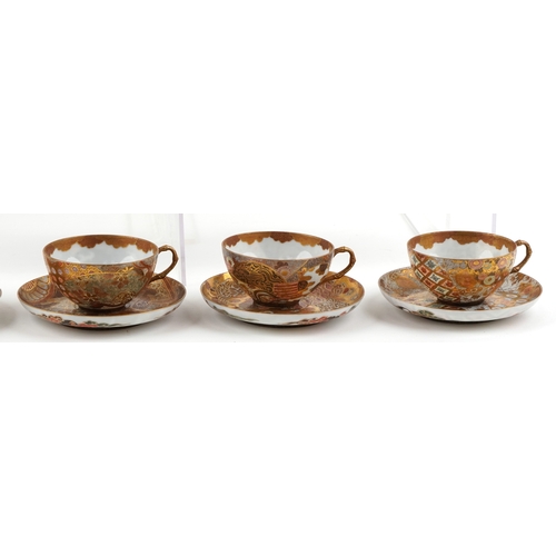 52 - Japanese Satsuma eggshell six place tea service finely hand painted with dragons and foliage, charac... 
