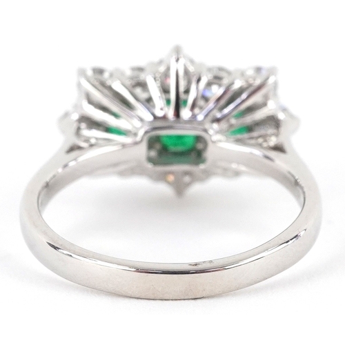 3041 - Platinum round brilliant cut diamond and step cut emerald cluster ring, total diamond weight 1.19 ca... 