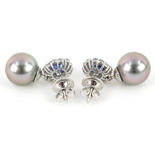 3020 - Pair of 18K white gold grey cultured pearl, diamond and sapphire drop earrings, total diamond weight... 
