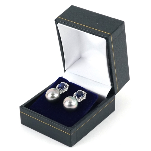 3020 - Pair of 18K white gold grey cultured pearl, diamond and sapphire drop earrings, total diamond weight... 