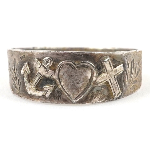 Victorian silver Faith, Hope & Charity ring, Birmingham 1899, size P, 1.9g, housed in a Chas. Hart & Sons ring box.