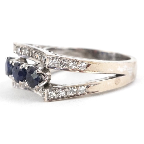 3051 - 14K white gold diamond and blue spinel three row ring with diamond set split shoulders, size L, 5.7g... 