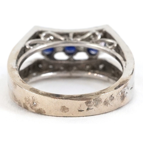 3051 - 14K white gold diamond and blue spinel three row ring with diamond set split shoulders, size L, 5.7g... 