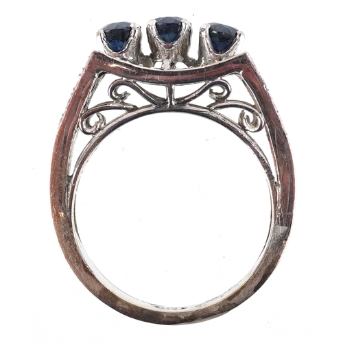 3051 - 14K white gold diamond and blue spinel three row ring with diamond set split shoulders, size L, 5.7g... 