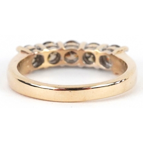 3023 - 9ct gold Champagne diamond five stone ring, total diamond weight approximately 1.00 carat, size L, 3... 