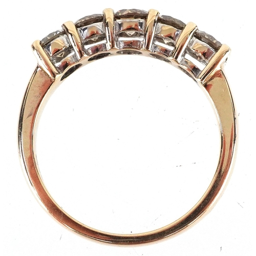 3023 - 9ct gold Champagne diamond five stone ring, total diamond weight approximately 1.00 carat, size L, 3... 