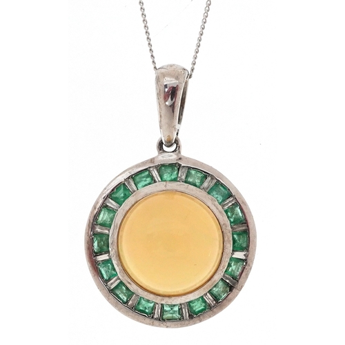 3014 - 9K white gold cabochon opal and green stone cluster pendant on a 9K white gold necklace, 2.4cm high ... 