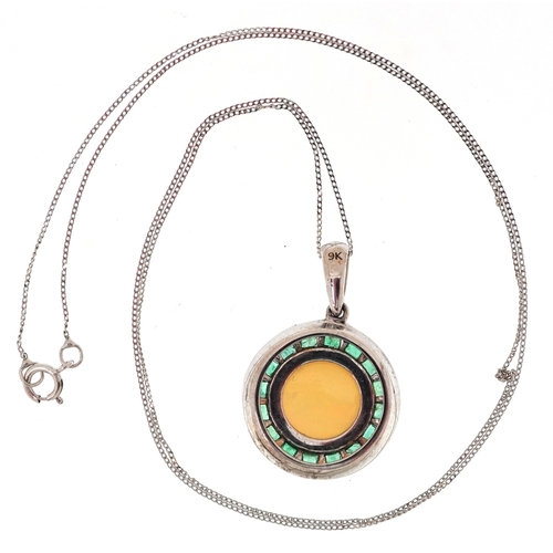 3014 - 9K white gold cabochon opal and green stone cluster pendant on a 9K white gold necklace, 2.4cm high ... 