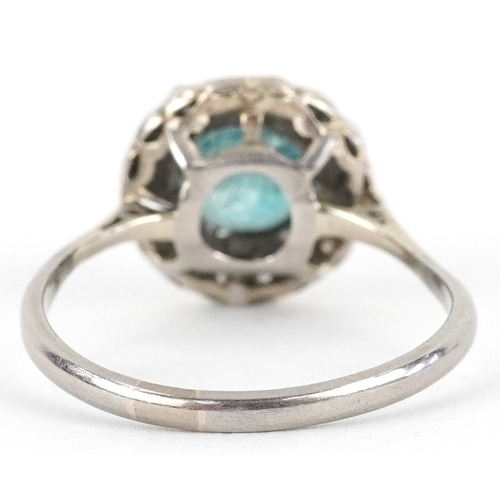 3049 - 18ct white gold diamond and blue stone cluster ring, size O, 2.9g.