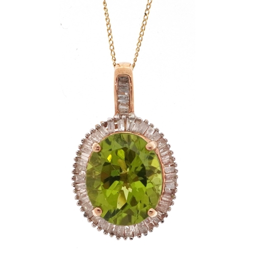3006 - Unmarked gold green stone and baguette cut diamond cluster pendant on a 9ct gold necklace, 2.0cm hig... 