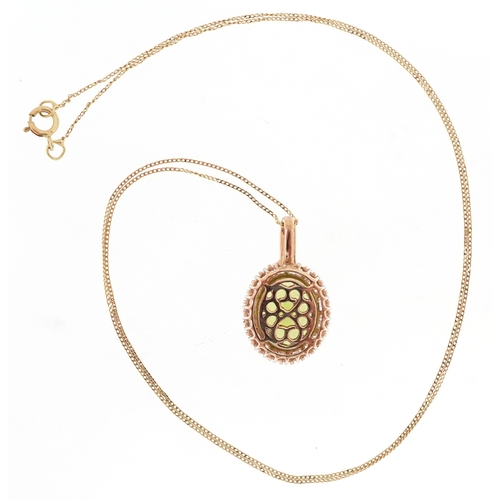 3006 - Unmarked gold green stone and baguette cut diamond cluster pendant on a 9ct gold necklace, 2.0cm hig... 
