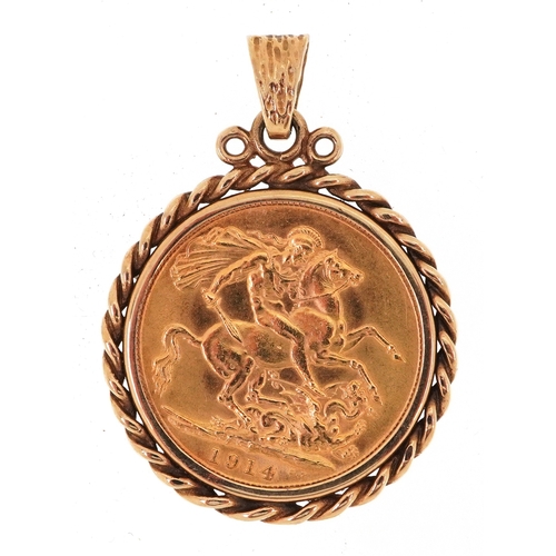 George V 1914 gold sovereign with 9ct gold pendant mount, 10.4g.