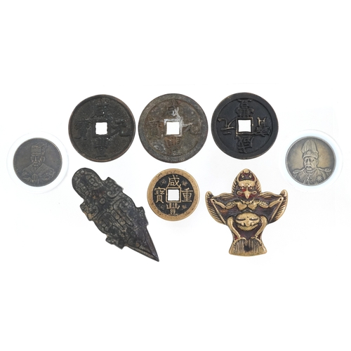 Chinese objects including four bronzed cash coin design tokens, two ...