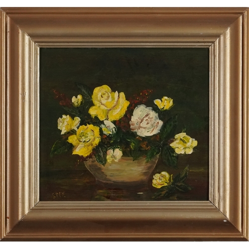 2133 - Still life flowers, 20th century oil on board, indistinctly signed, framed, 26cm x 29cm.