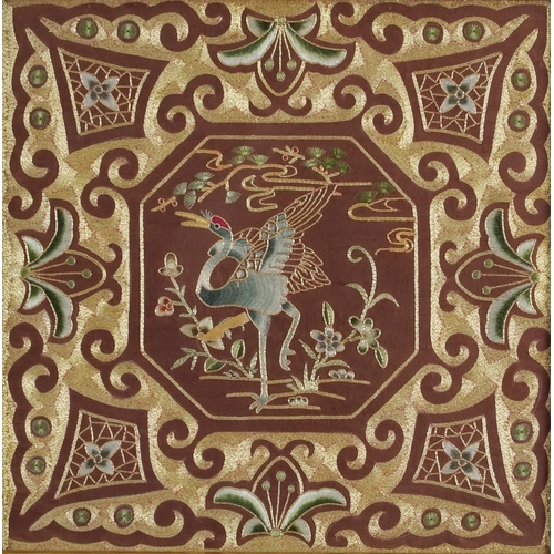 437 - Two Chinese silk work embroideries with gilt thread, framed and glazed, the largest 26cm x 26cm.