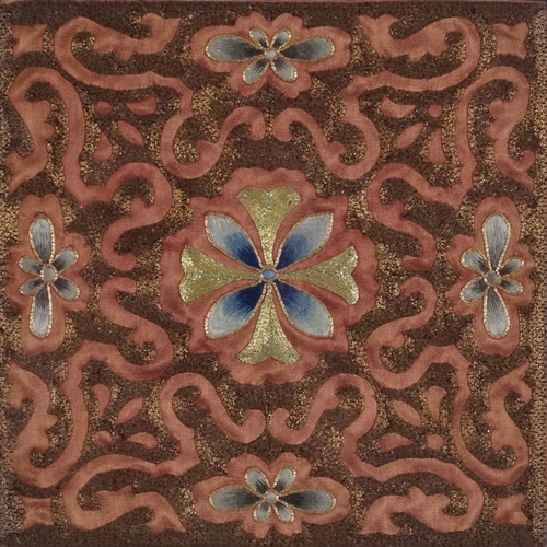 437 - Two Chinese silk work embroideries with gilt thread, framed and glazed, the largest 26cm x 26cm.