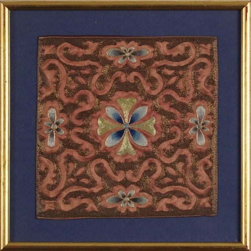 437 - Two Chinese silk work embroideries with gilt thread, framed and glazed, the largest 26cm x 26cm.
