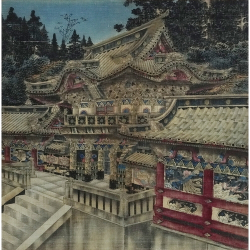 435 - 19th century Japanese painting on silk of a shrine, framed and glazed, 52cm x 52cm excluding the fra... 