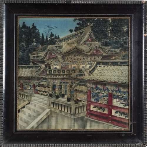 435 - 19th century Japanese painting on silk of a shrine, framed and glazed, 52cm x 52cm excluding the fra... 