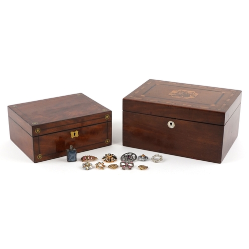 2581 - Victorian Tunbridge Ware inlaid workbox and one other Victorian workbox with brass inlay, housing a ... 
